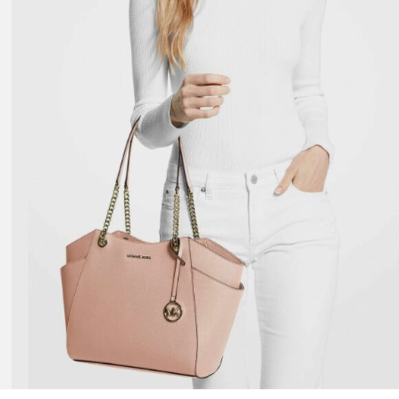 Michael Kors Jet Set Travel Large Chain Shoulder Leather Tote - Soft Pink - Picture 1 of 16